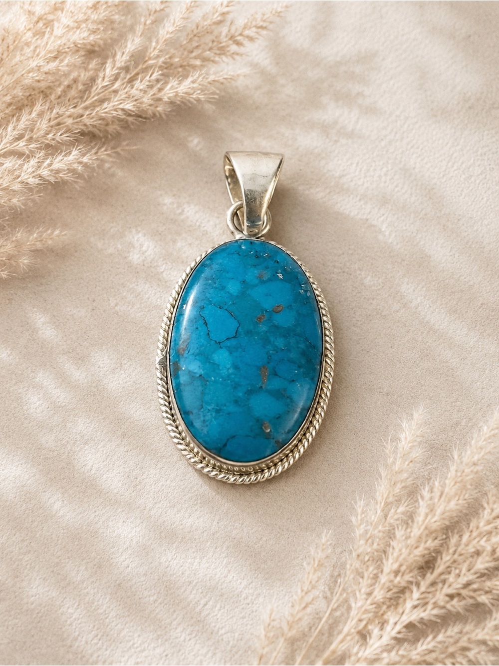 Sterling Silver Copper Turquoise Oval Pendant - Blue